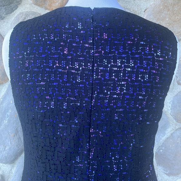Tahari sheath dress black geometric lace with bright purple floral underlayer - Picture 6 of 12